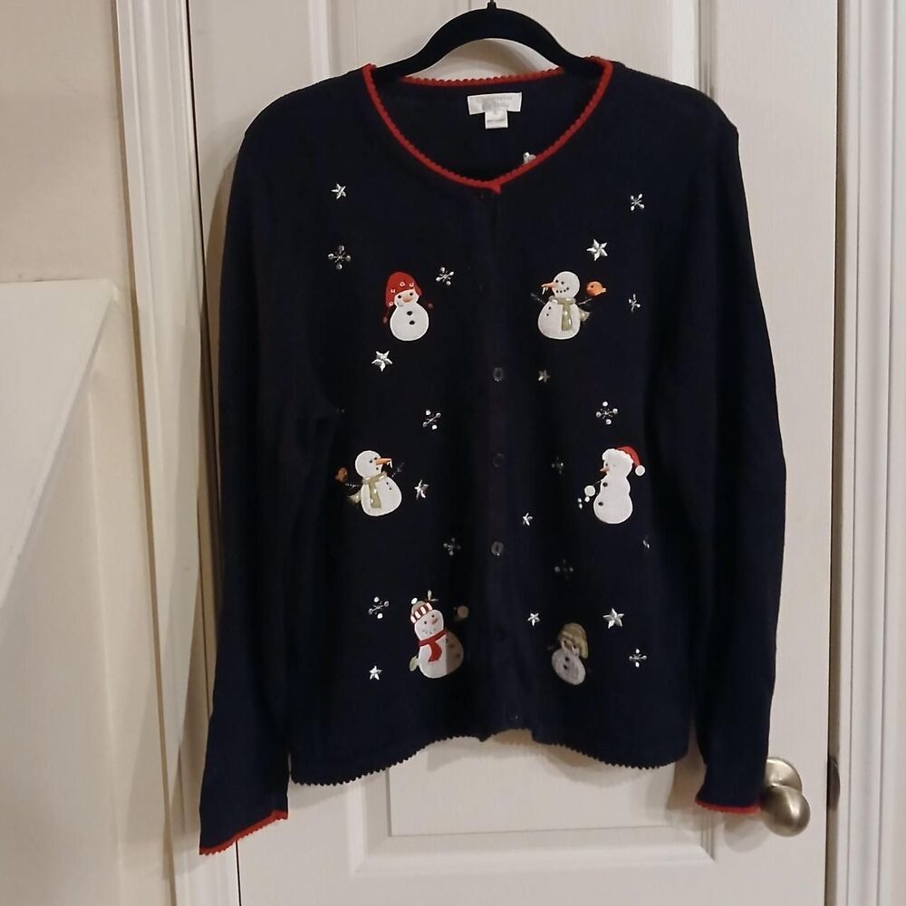 Christopher & Banks Black Knit Snowman Snowflake Christmas Cardigan XL Cottage